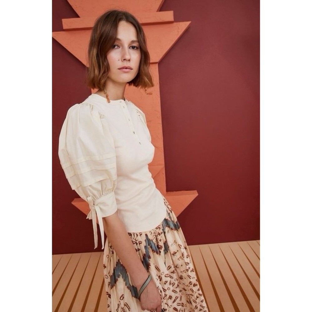 ULLA JOHNSON Iman Top Size P Cream Cotton Poplin Rib Knit Short‎ Puff Sleeves XS - Picture 16 of 16